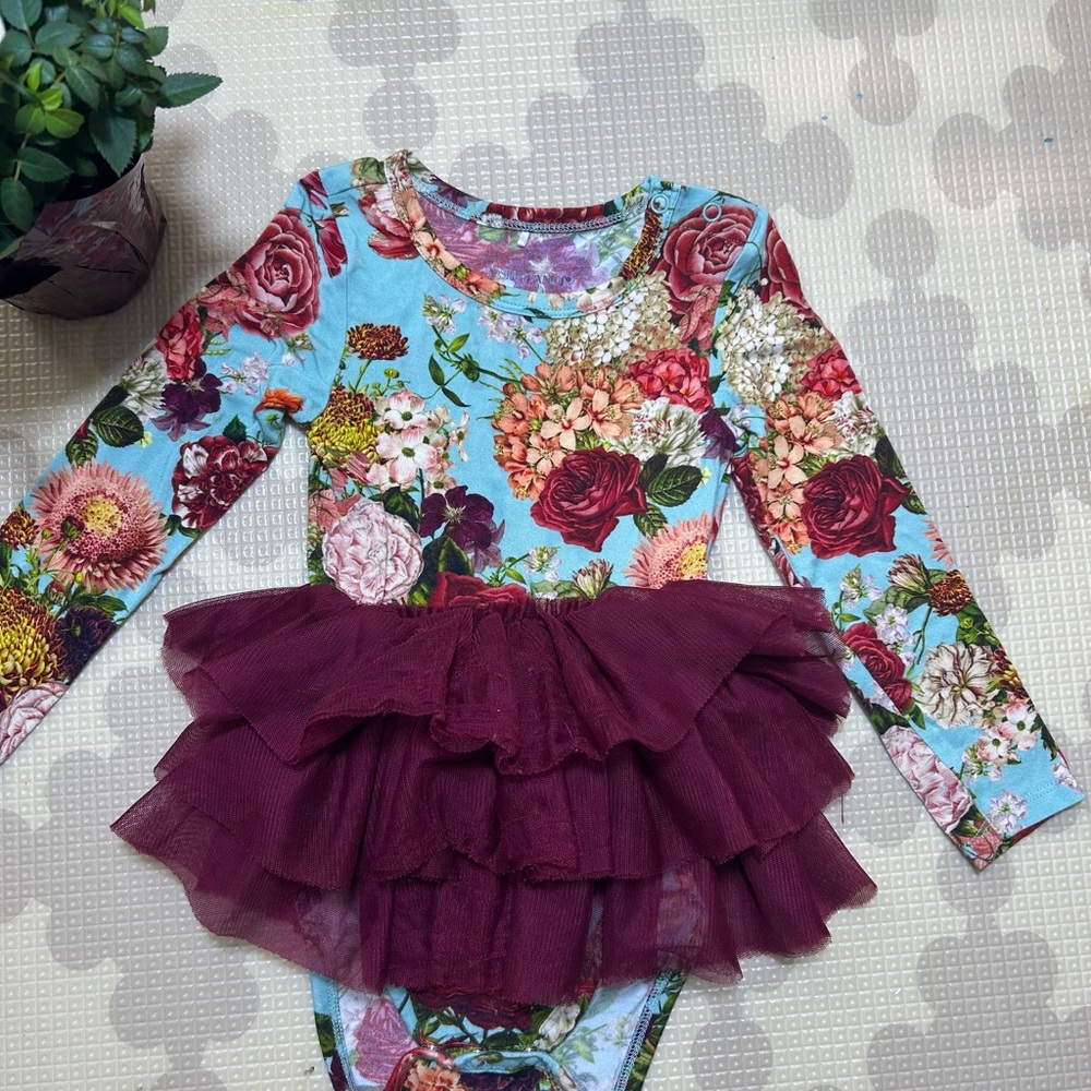 👶✨ Posh Peanut Floral Bodysuit with Burgundy Accents-LK Everyday
